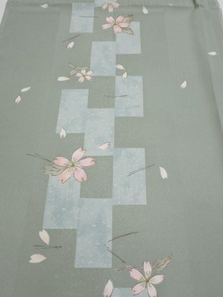 Photo1: 3F01z60  Japanese Kimono Silk  FABRIC Sakura Dull light green 41.7x15.0 (1)