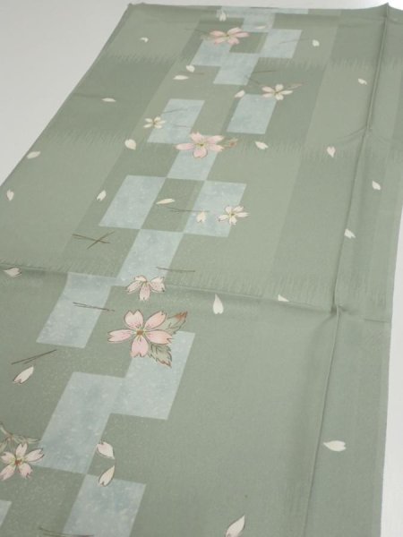 Photo3: 3F01z60  Japanese Kimono Silk  FABRIC Sakura Dull light green 41.7x15.0 (3)