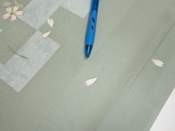 Photo8: 3F01z60  Japanese Kimono Silk  FABRIC Sakura Dull light green 41.7x15.0 (8)