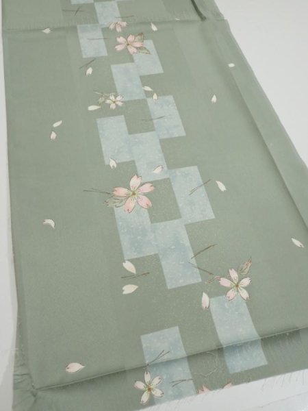 Photo2: 3F02z60  Japanese Kimono Silk  FABRIC Sakura Dull light green 41.3x15.0 (2)