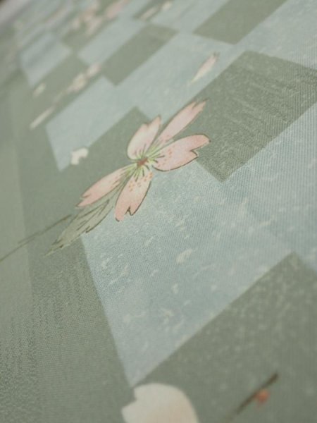 Photo4: 3F02z60  Japanese Kimono Silk  FABRIC Sakura Dull light green 41.3x15.0 (4)