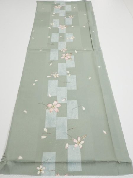 Photo5: 3F02z60  Japanese Kimono Silk  FABRIC Sakura Dull light green 41.3x15.0 (5)