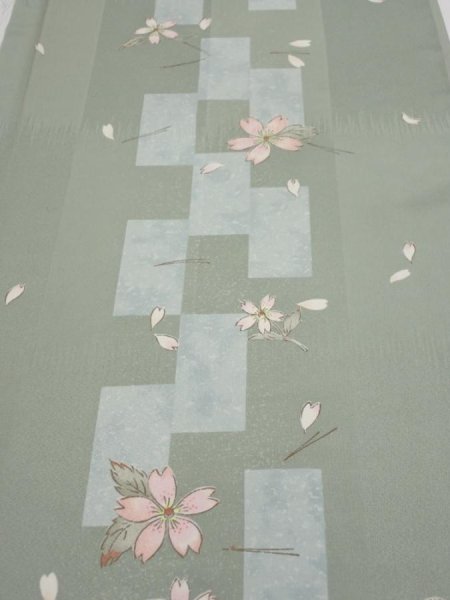 Photo1: 3F03z90  Japanese Kimono Silk  FABRIC Sakura Dull light green 65.0x13.8 (1)