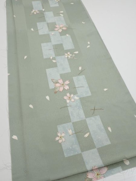 Photo2: 3F03z90  Japanese Kimono Silk  FABRIC Sakura Dull light green 65.0x13.8 (2)