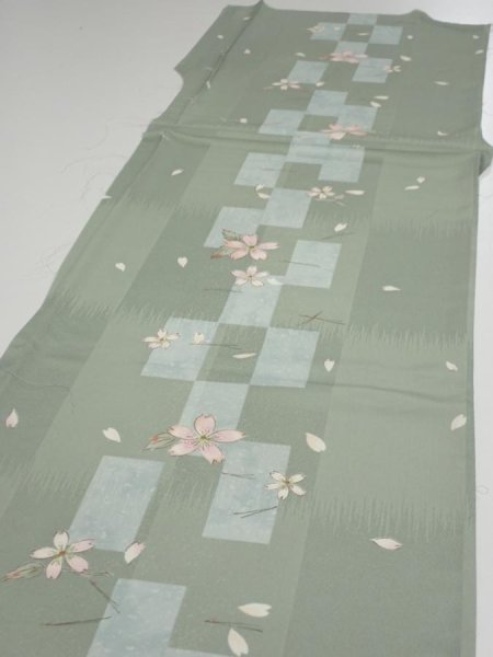 Photo3: 3F03z90  Japanese Kimono Silk  FABRIC Sakura Dull light green 65.0x13.8 (3)