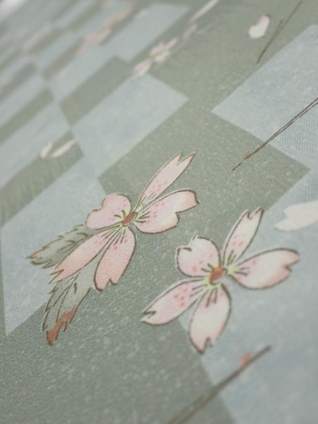 Photo4: 3F03z90  Japanese Kimono Silk  FABRIC Sakura Dull light green 65.0x13.8 (4)