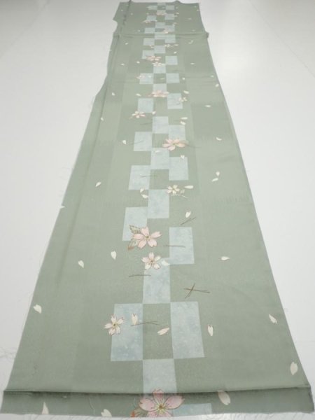 Photo5: 3F04z90  Japanese Kimono Silk  FABRIC Sakura Dull light green 64.6x13.8 (5)