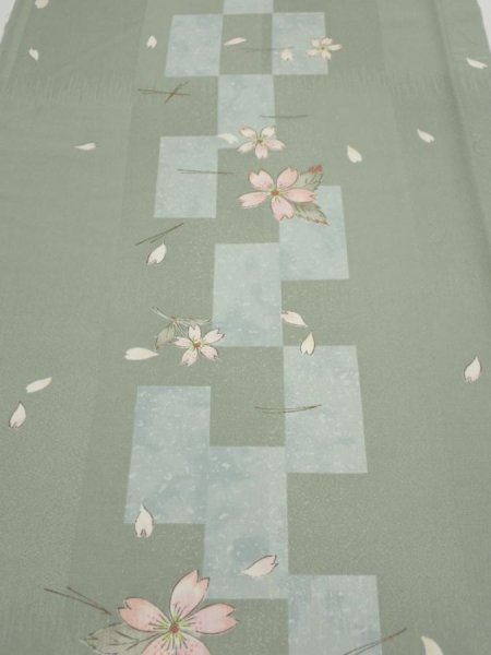 Photo1: 3F05z90  Japanese Kimono Silk  FABRIC Sakura Dull light green 65.0x13.8 (1)