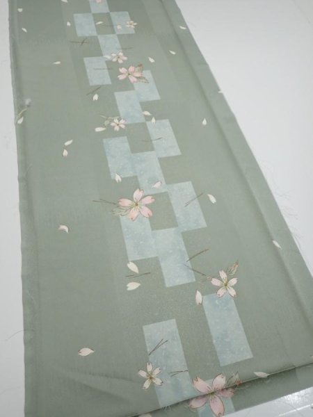 Photo2: 3F05z90  Japanese Kimono Silk  FABRIC Sakura Dull light green 65.0x13.8 (2)