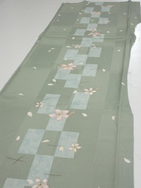 Photo3: 3F06z90  Japanese Kimono Silk  FABRIC Sakura Dull light green 64.6x14.0 (3)