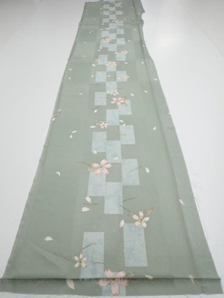 Photo5: 3F06z90  Japanese Kimono Silk  FABRIC Sakura Dull light green 64.6x14.0 (5)