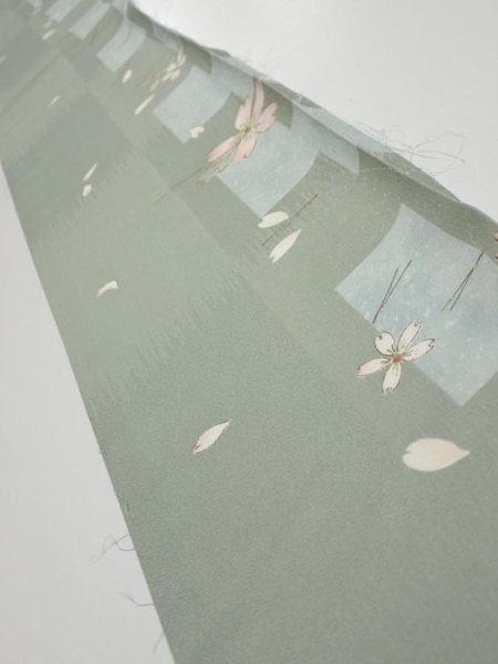 Photo1: 3F07z40  Japanese Kimono Silk  FABRIC Sakura Dull light green 58.3x6.3 (1)
