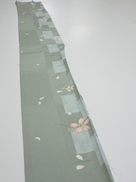 Photo3: 3F07z40  Japanese Kimono Silk  FABRIC Sakura Dull light green 58.3x6.3 (3)