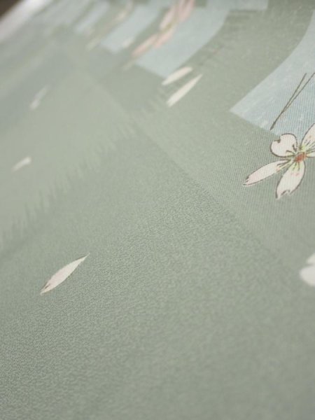 Photo4: 3F07z40  Japanese Kimono Silk  FABRIC Sakura Dull light green 58.3x6.3 (4)
