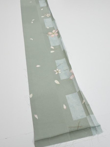 Photo2: 3F08z40  Japanese Kimono Silk  FABRIC Sakura Dull light green 57.9x6.3 (2)