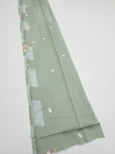 Photo2: 3F09z60  Japanese Kimono Silk  FABRIC Sakura Dull light green 79.5x7.5 (2)