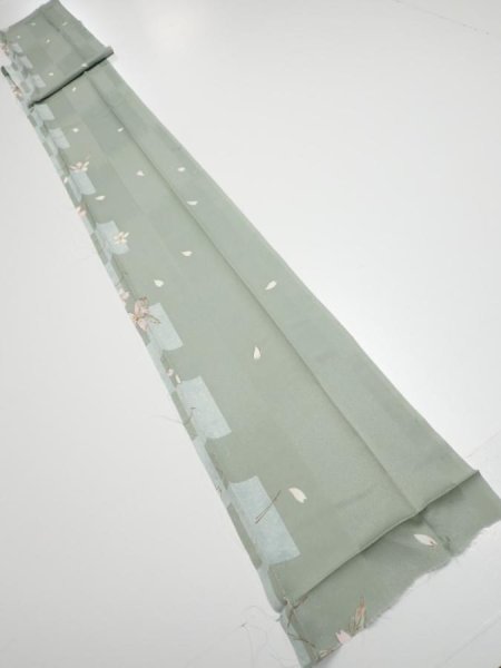 Photo5: 3F09z60  Japanese Kimono Silk  FABRIC Sakura Dull light green 79.5x7.5 (5)
