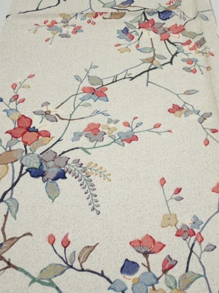 Photo1: 3E01z50  Japanese Kimono Silk  FABRIC Flower Off-white 41.7x14.8 (1)