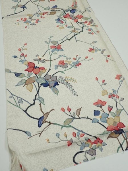 Photo2: 3E01z50  Japanese Kimono Silk  FABRIC Flower Off-white 41.7x14.8 (2)