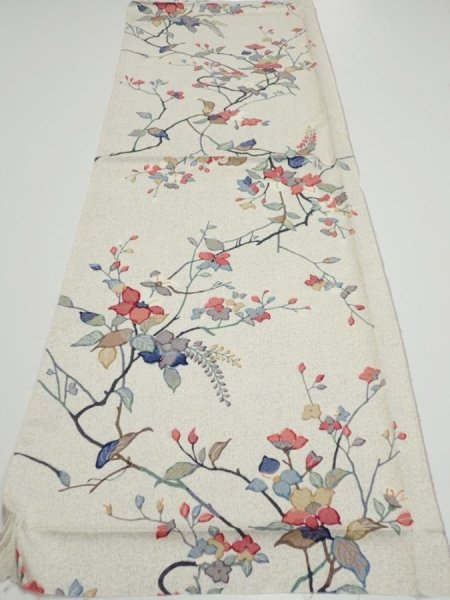 Photo5: 3E01z50  Japanese Kimono Silk  FABRIC Flower Off-white 41.7x14.8 (5)