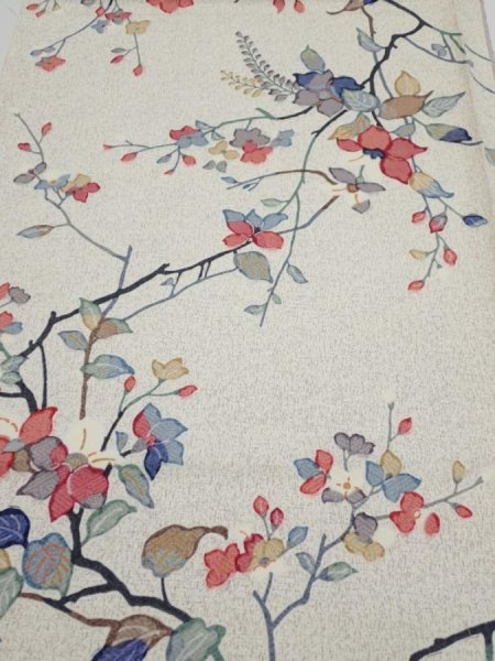 Photo1: 3E02z50  Japanese Kimono Silk  FABRIC Flower Off-white 40.2x14.6 (1)