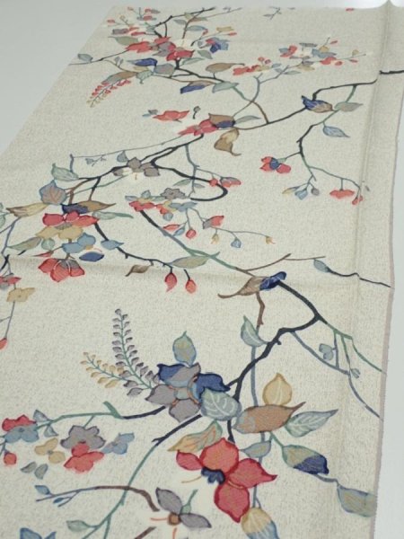 Photo3: 3E02z50  Japanese Kimono Silk  FABRIC Flower Off-white 40.2x14.6 (3)