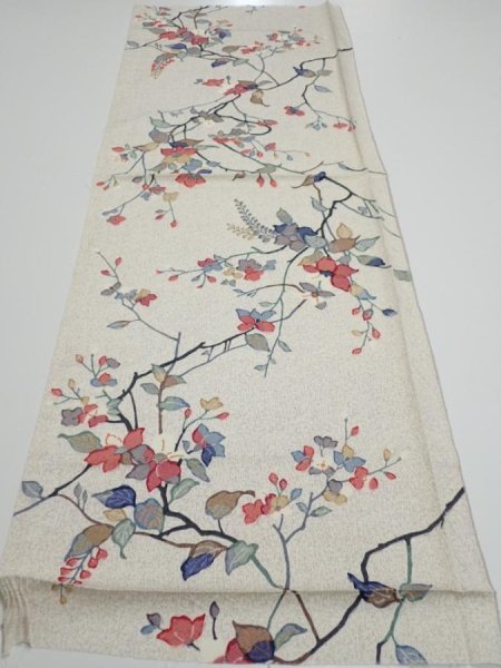 Photo4: 3E02z50  Japanese Kimono Silk  FABRIC Flower Off-white 40.2x14.6 (4)