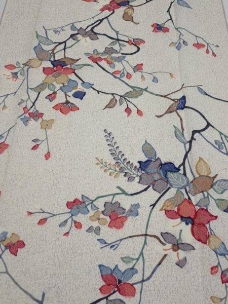 Photo1: 3E03z60  Japanese Kimono Silk  FABRIC Flower Off-white 49.2x14.6 (1)