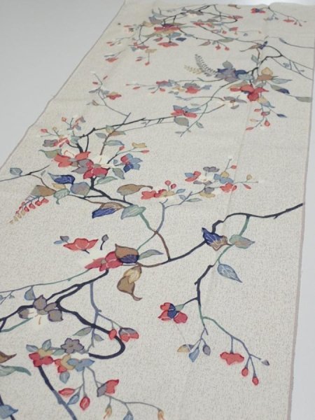 Photo3: 3E03z60  Japanese Kimono Silk  FABRIC Flower Off-white 49.2x14.6 (3)