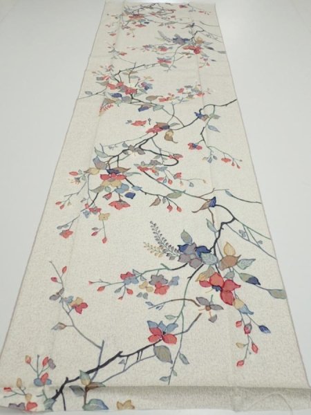 Photo5: 3E03z60  Japanese Kimono Silk  FABRIC Flower Off-white 49.2x14.6 (5)