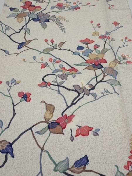 Photo1: 3E04z60  Japanese Kimono Silk  FABRIC Flower Off-white 44.5x14.6 (1)