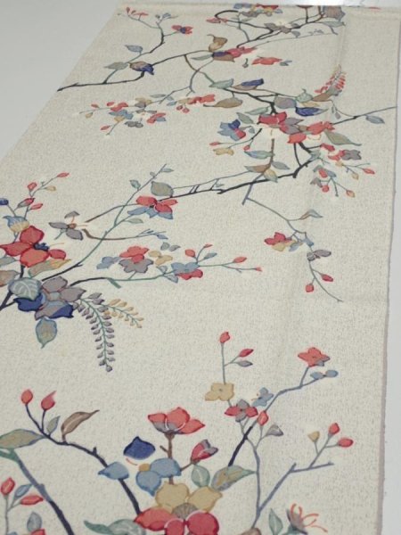 Photo3: 3E04z60  Japanese Kimono Silk  FABRIC Flower Off-white 44.5x14.6 (3)