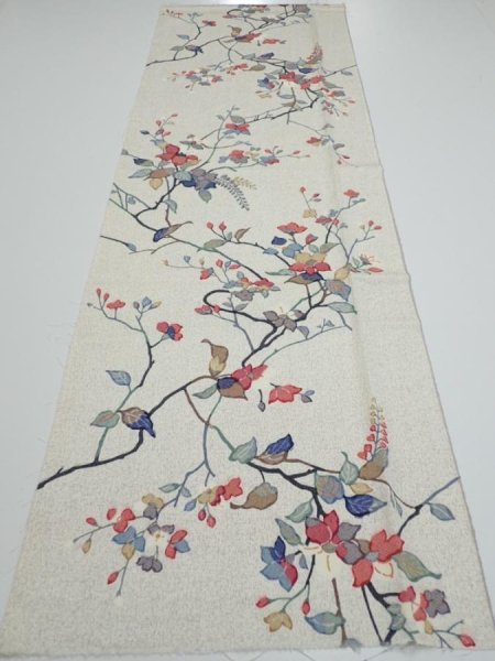 Photo5: 3E04z60  Japanese Kimono Silk  FABRIC Flower Off-white 44.5x14.6 (5)