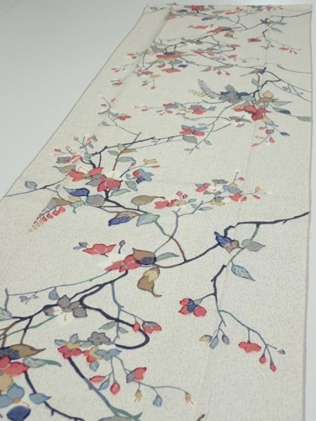 Photo3: 3E05z80  Japanese Kimono Silk  FABRIC Flower Off-white 65.4x14.6 (3)