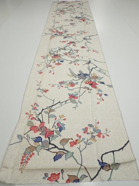Photo5: 3E05z80  Japanese Kimono Silk  FABRIC Flower Off-white 65.4x14.6 (5)