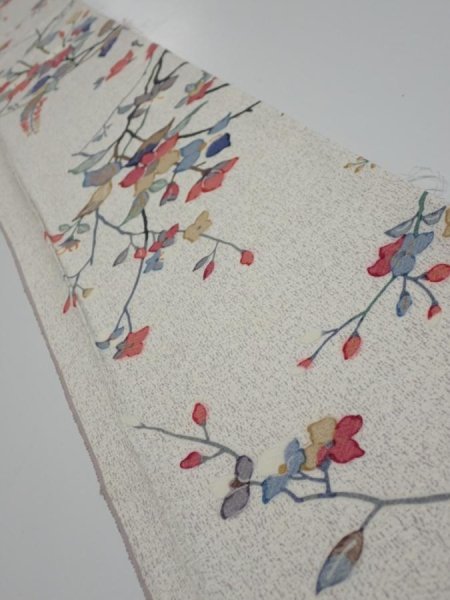 Photo1: 3E06z40  Japanese Kimono Silk  FABRIC Flower Off-white 58.7x7.5 (1)