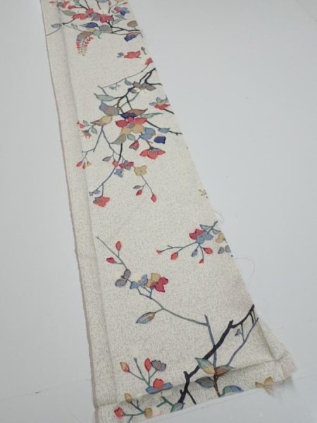 Photo2: 3E07z40  Japanese Kimono Silk  FABRIC Flower Off-white 58.7x7.5 (2)