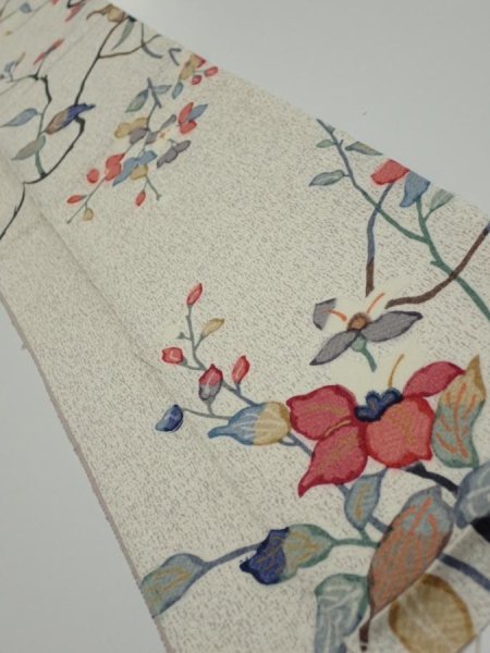 Photo2: 3E09z30  Japanese Kimono Silk  FABRIC Flower Off-white 37.0x7.1 (2)