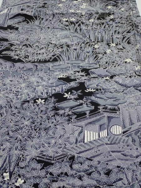Photo1: 3E01z60  Japanese Kimono Silk  FABRIC Garden Black 41.3x14.2 (1)