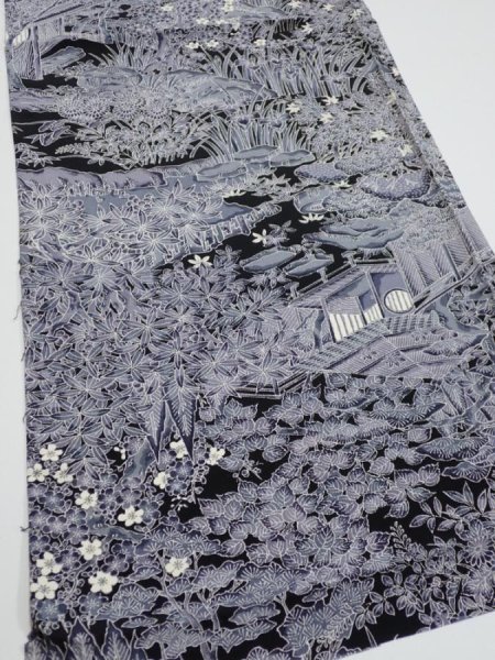 Photo2: 3E01z60  Japanese Kimono Silk  FABRIC Garden Black 41.3x14.2 (2)