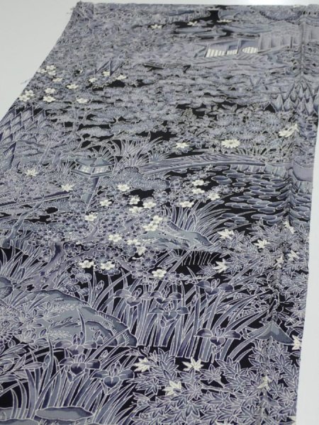 Photo3: 3E01z60  Japanese Kimono Silk  FABRIC Garden Black 41.3x14.2 (3)