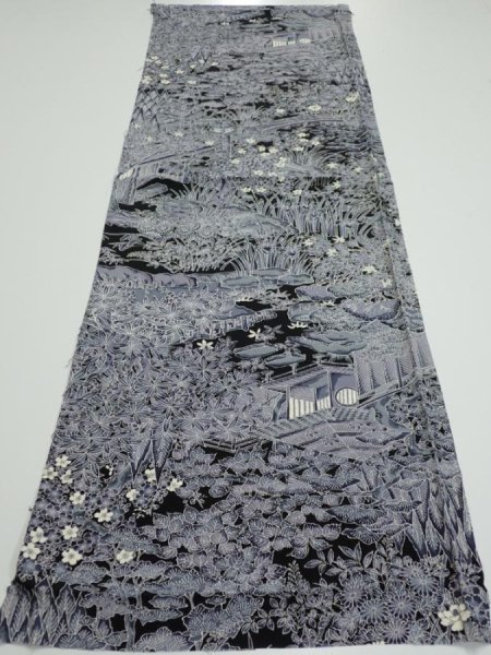 Photo5: 3E01z60  Japanese Kimono Silk  FABRIC Garden Black 41.3x14.2 (5)