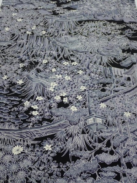 Photo1: 3E02z90  Japanese Kimono Silk  FABRIC Garden Black 64.6x14.2 (1)