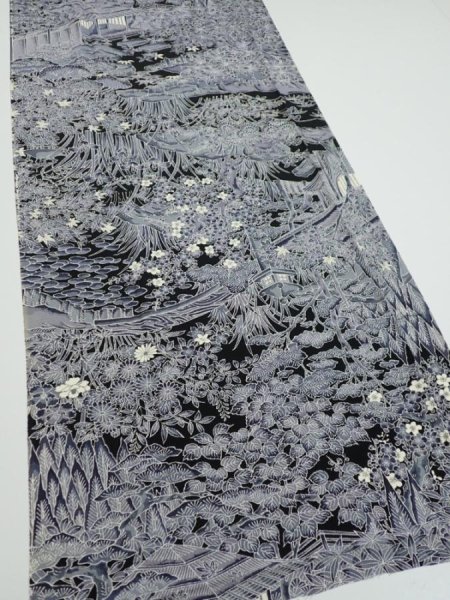 Photo2: 3E03z90  Japanese Kimono Silk  FABRIC Garden Black 64.2x14.2 (2)