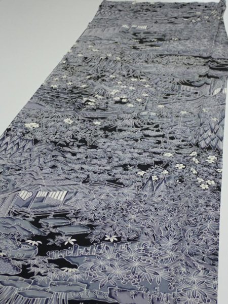 Photo3: 3E03z90  Japanese Kimono Silk  FABRIC Garden Black 64.2x14.2 (3)