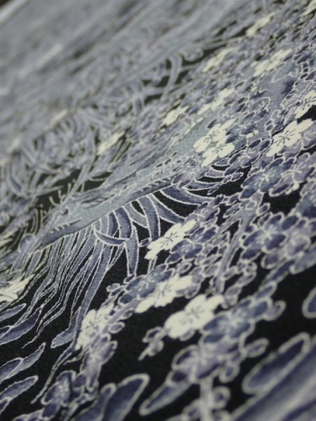 Photo4: 3E03z90  Japanese Kimono Silk  FABRIC Garden Black 64.2x14.2 (4)