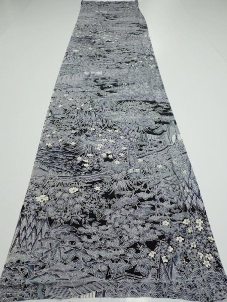 Photo5: 3E05z90  Japanese Kimono Silk  FABRIC Garden Black 64.2x14.2 (5)