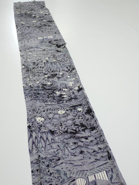 Photo3: 3E06z50  Japanese Kimono Silk  FABRIC Garden Black 58.3x7.5 (3)