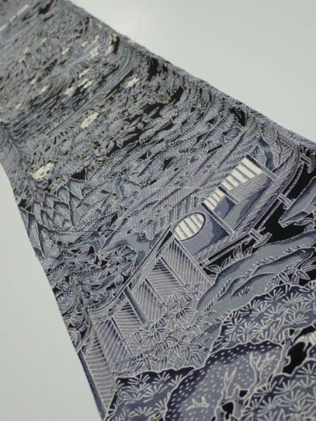 Photo1: 3E07z50  Japanese Kimono Silk  FABRIC Garden Black 56.7x7.5 (1)