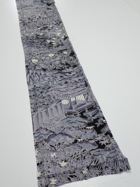 Photo2: 3E07z50  Japanese Kimono Silk  FABRIC Garden Black 56.7x7.5 (2)